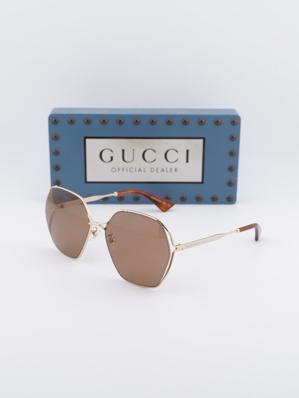 Gucci GG0818SA 002 Geometric Sunglasses - Gold / Brown